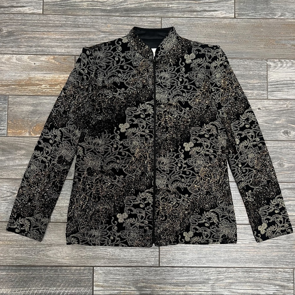 Jeanne Alexander Medium Vtg Zip front jacket gold metallic sparkle Shoulder pads - Picture 2 of 15